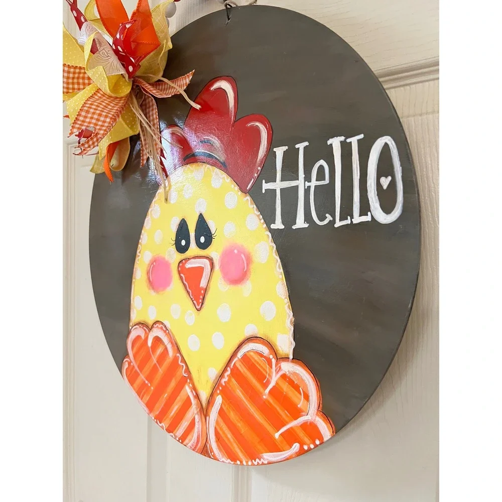 Hand Painted Wooden Chicken Hello Door Hanger Farmhouse Decor Yellow Orange Bow